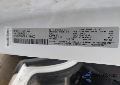 2024 Ram Promaster 2500 Tradesman High Roof 159 Wb W/Pass Seat from USA, damaged, VIN 3C6LRVDG8RE136931